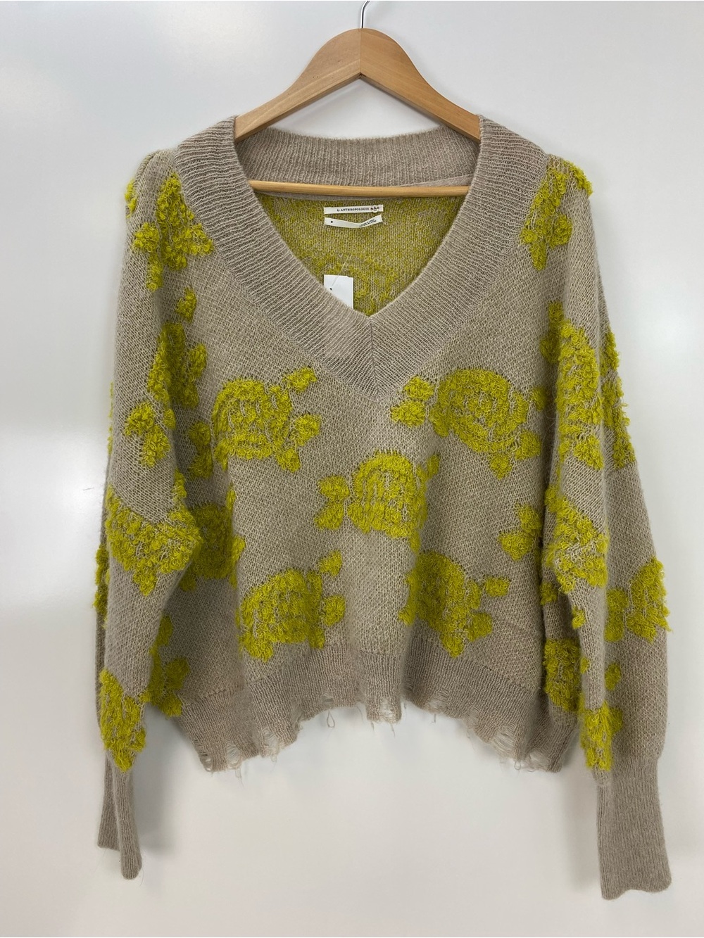 Anthropologie Beige V-Neck Sweater with Lime Floral Texture